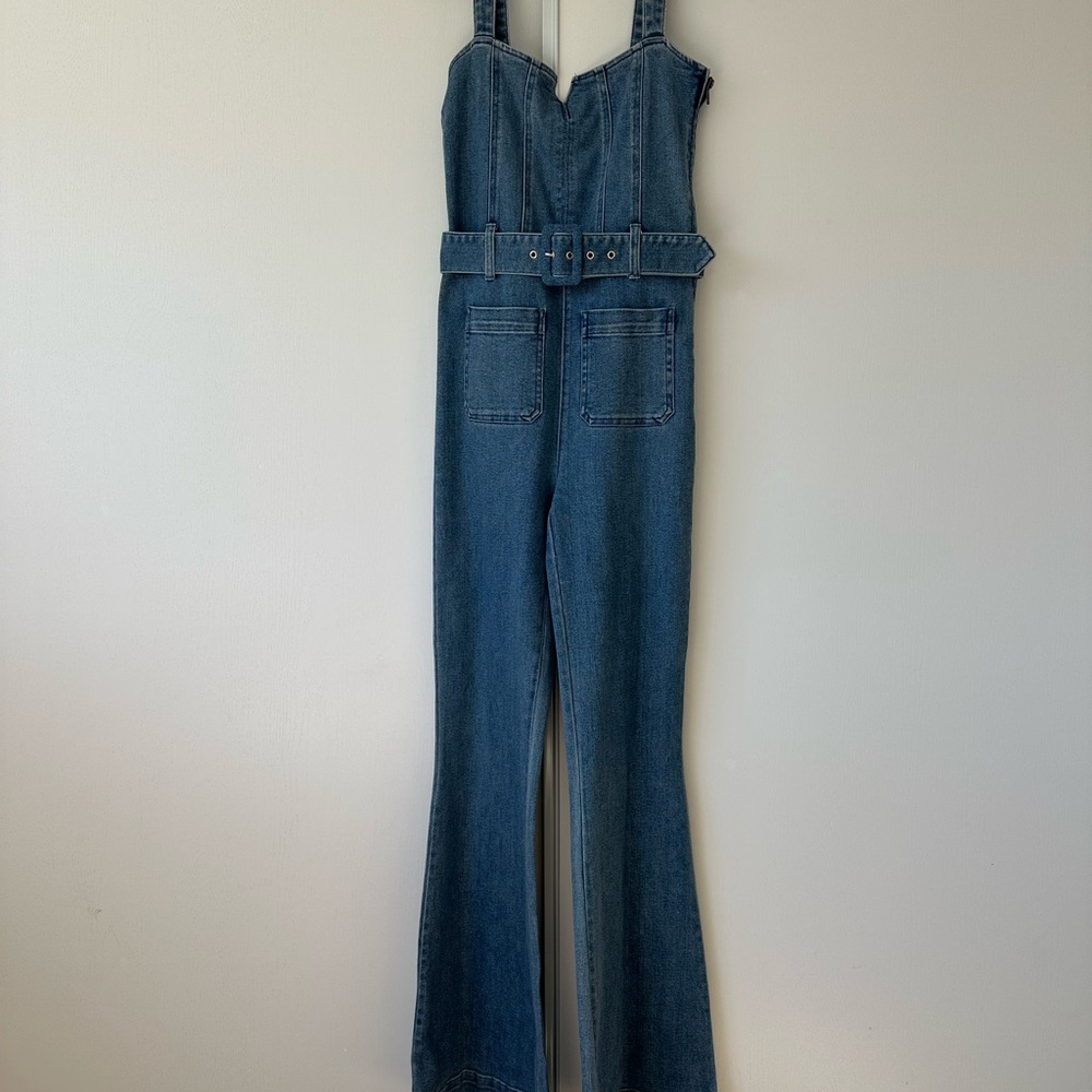 Show Me Your MuMu Blue Denim Belted Jumpsuit Overalls